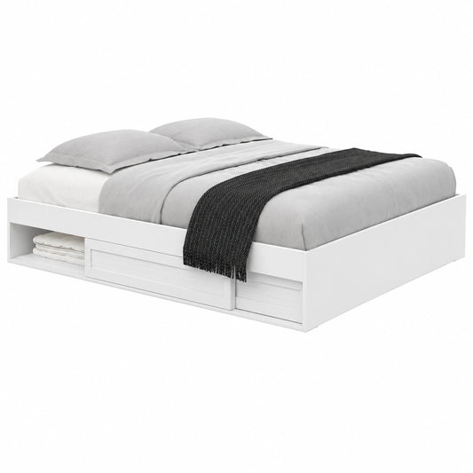 Lit, avec rangement, avec sommier, coloris blanc, 140 x 190 cm, pour la chambre