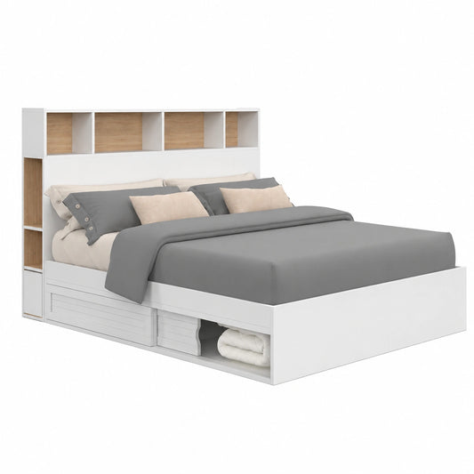 Lit, avec rangement, avec sommier, coloris blanc, 140 x 190 cm, pour la chambre