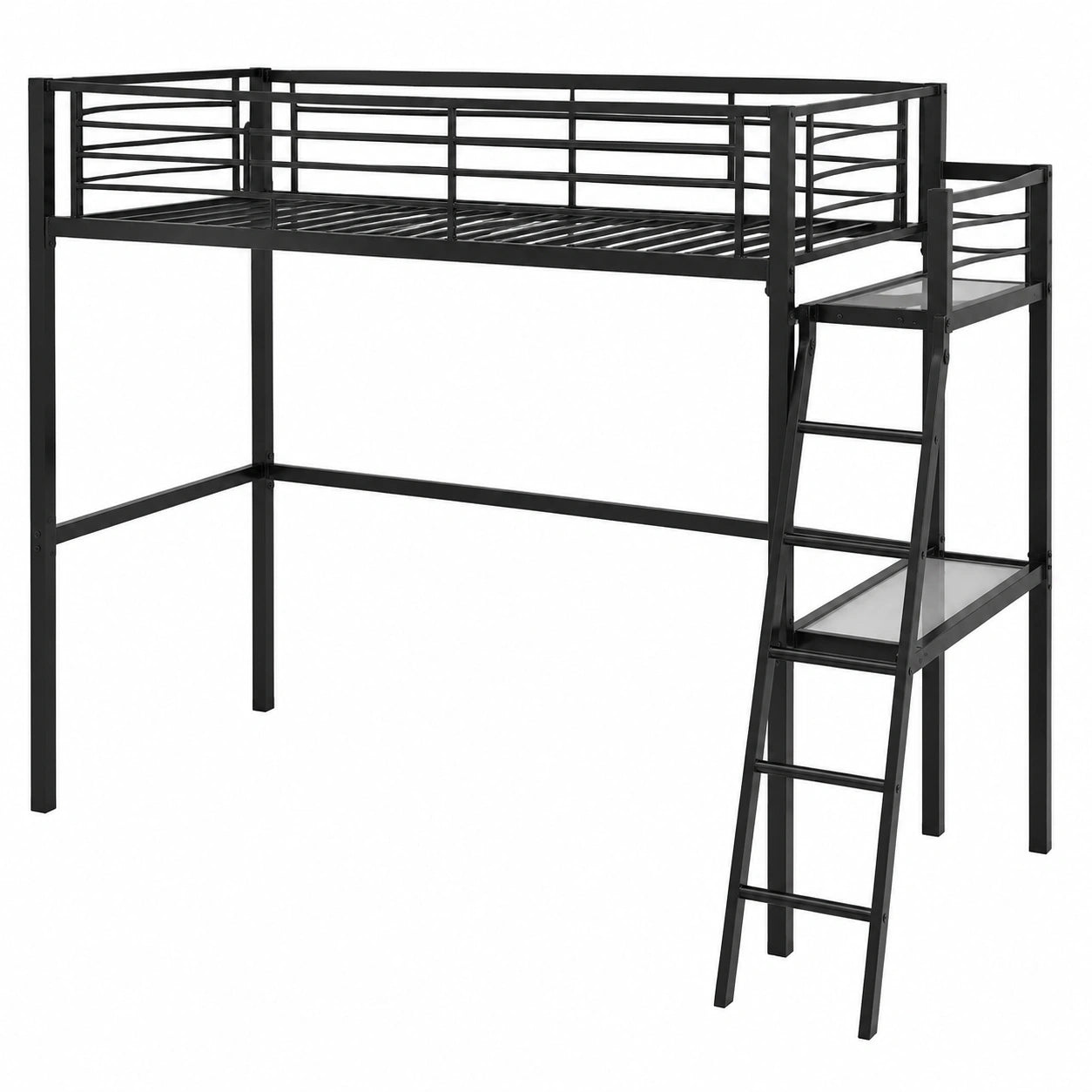 Lit gain de place, avec sommier, en métal et verre, 2 places, 140 x 190 cm, coloris noir, pour la chambre