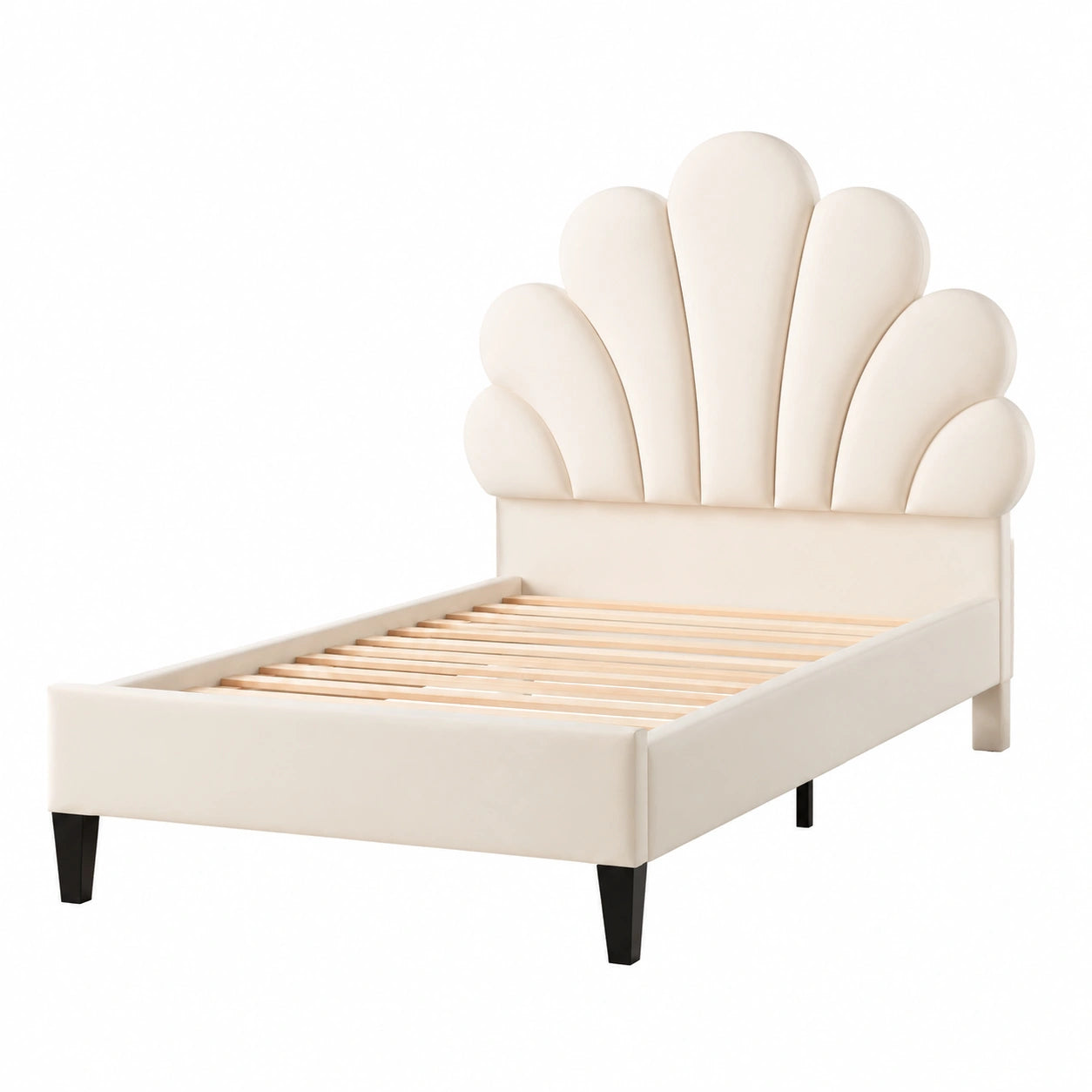 Lit, en velours, avec sommier, rembourré, coloris beige, 1 place, 90 x 200 cm, pour la chambre