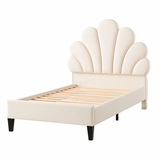 Lit, en velours, avec sommier, rembourré, coloris beige, 1 place, 90 x 200 cm, pour la chambre